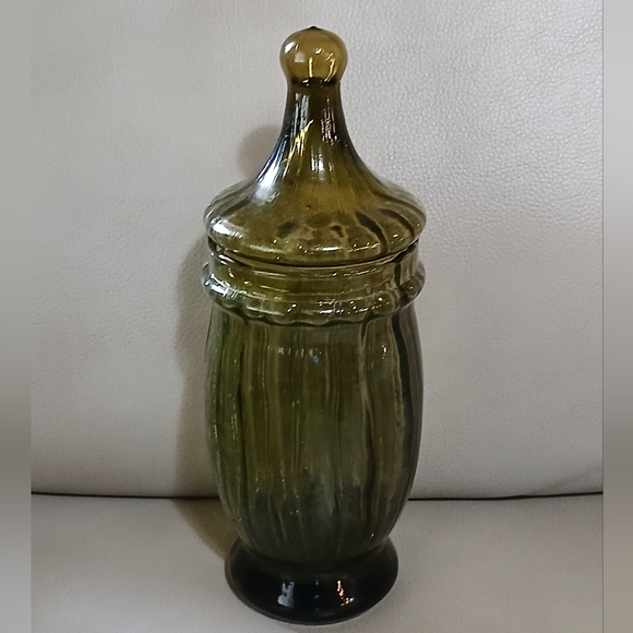 Vintage 1950s Empoli Olive Green Glass Apothecary Jar
